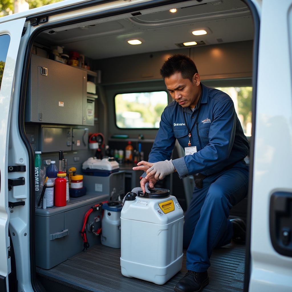 Technician preparing pest control equipment